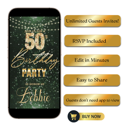 Editable sage green gold glitter 50th birthday video invitation displayed on a mobile phone, featuring an animated vertical digital invite with music, created in Canva. This premium video invitation template is designed for sharing by text, email, and social media and works with an interactive RSVP website for easy guest response tracking.