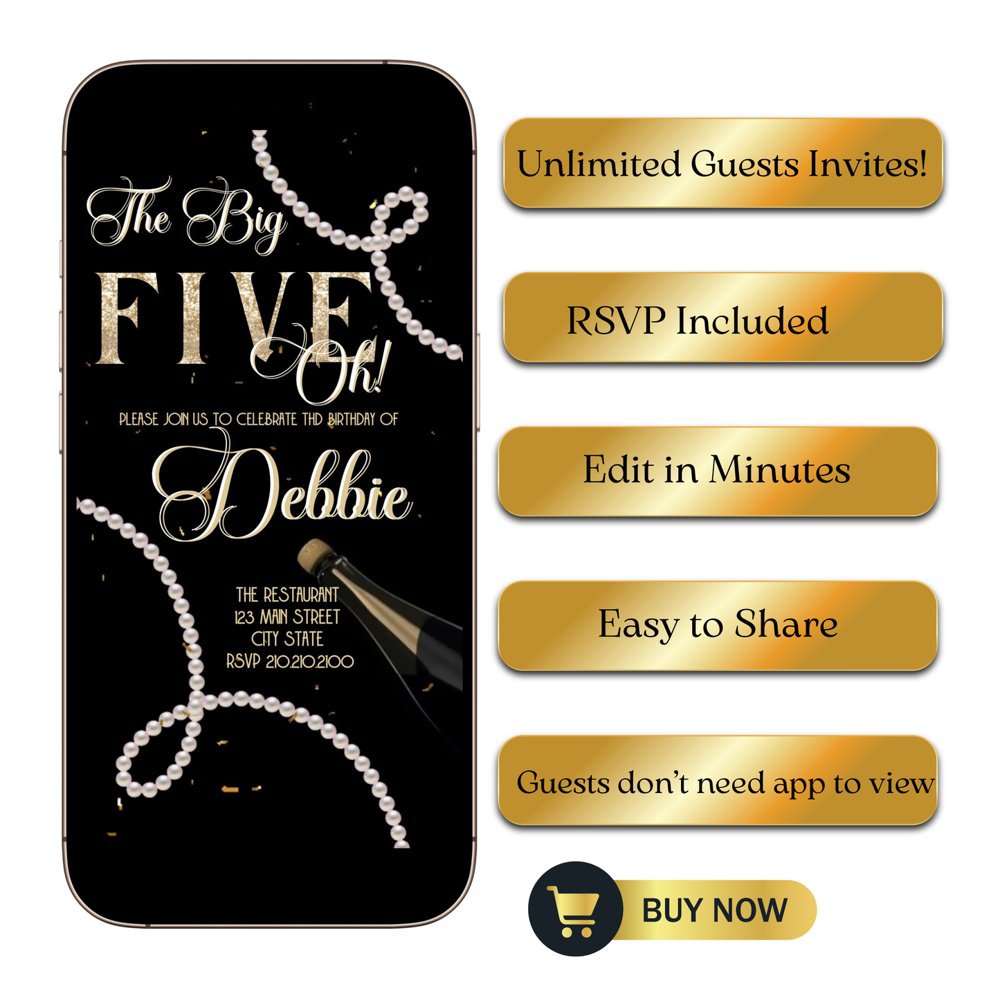 Editable pearl black gold 50th birthday video invitation displayed on a mobile phone, featuring an animated vertical digital invite with music, created in Canva. This premium video invitation template is designed for sharing by text, email, and social media and works with an interactive RSVP website for easy guest response tracking.