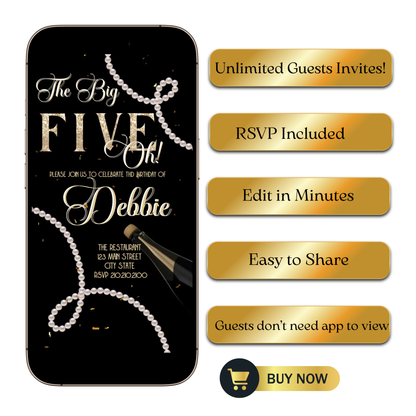 Editable pearl black gold 50th birthday video invitation displayed on a mobile phone, featuring an animated vertical digital invite with music, created in Canva. This premium video invitation template is designed for sharing by text, email, and social media and works with an interactive RSVP website for easy guest response tracking.