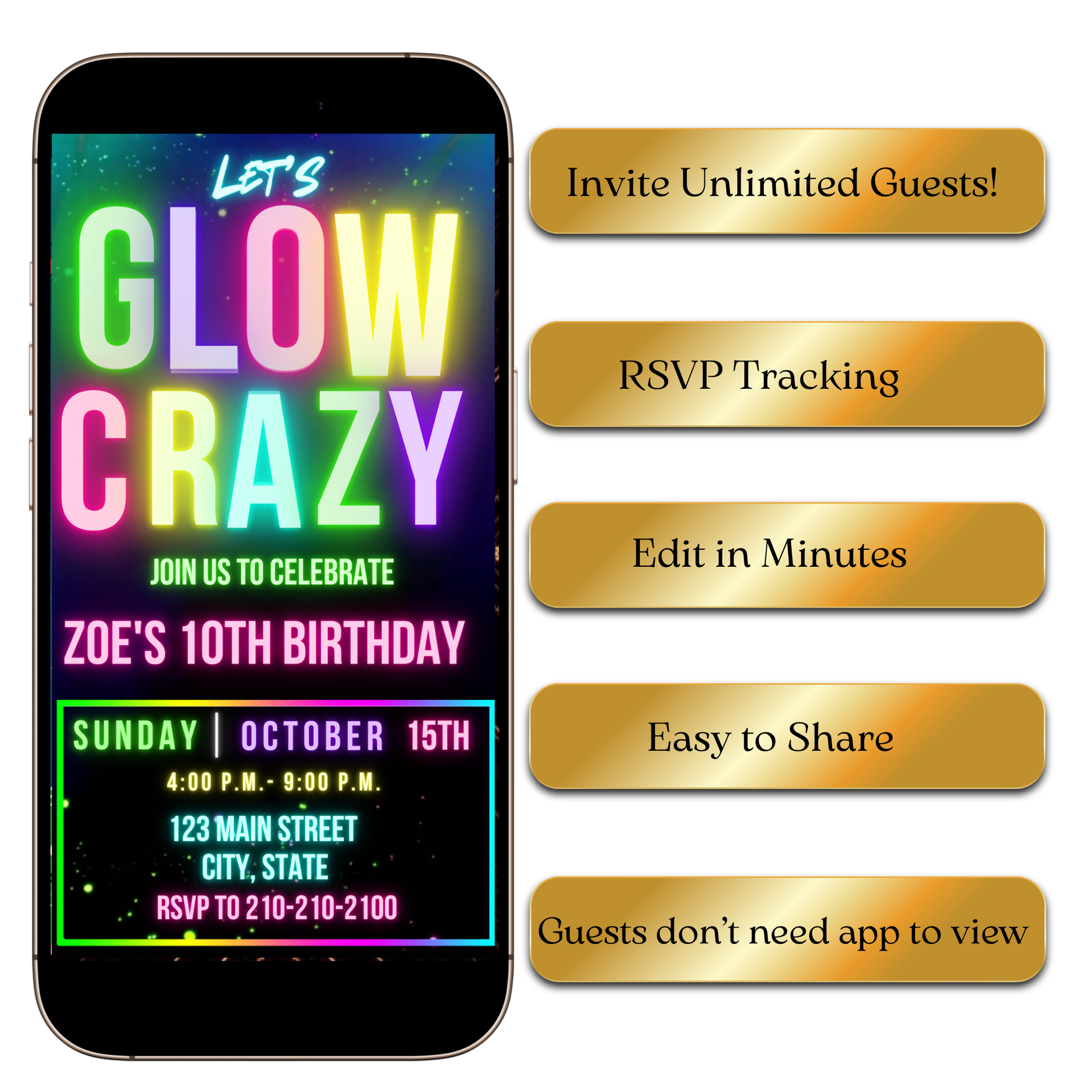 Editable Party Evite Template with blacklight, bright, glow