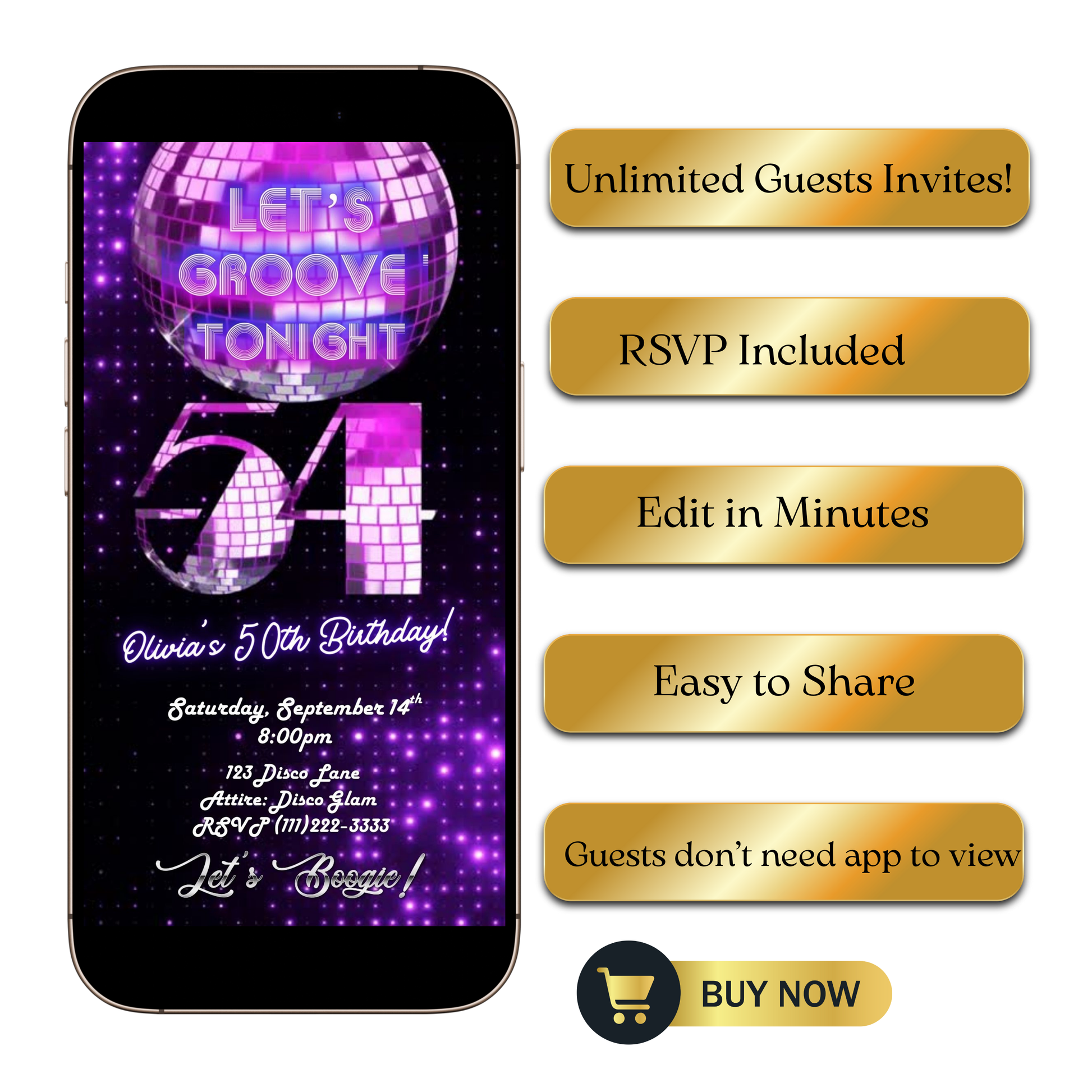 Editable purple disco studio 54 birthday video invitation displayed on a mobile phone, featuring an animated vertical digital invite with music, created in Canva. This premium video invitation template is designed for sharing by text, email, and social media and works with an interactive RSVP website for easy guest response tracking.