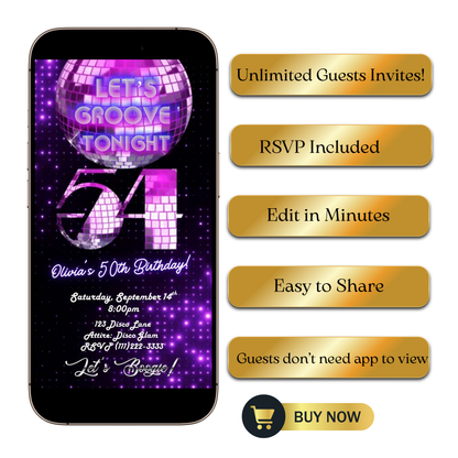 Editable purple disco studio 54 birthday video invitation displayed on a mobile phone, featuring an animated vertical digital invite with music, created in Canva. This premium video invitation template is designed for sharing by text, email, and social media and works with an interactive RSVP website for easy guest response tracking.
