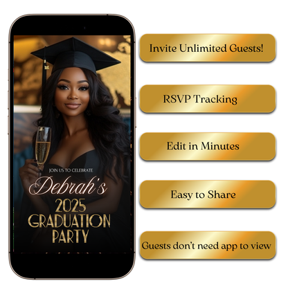Digital Chic Black & Gold Graduation Party Video Invitation MP4 Invite