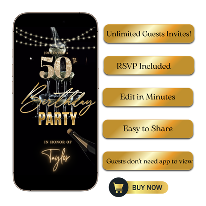 Editable black gold champagne tower 50th birthday video invitation displayed on a mobile phone, featuring an animated vertical digital invite with music, created in Canva. This premium video invitation template is designed for sharing by text, email, and social media and works with an interactive RSVP website for easy guest response tracking.