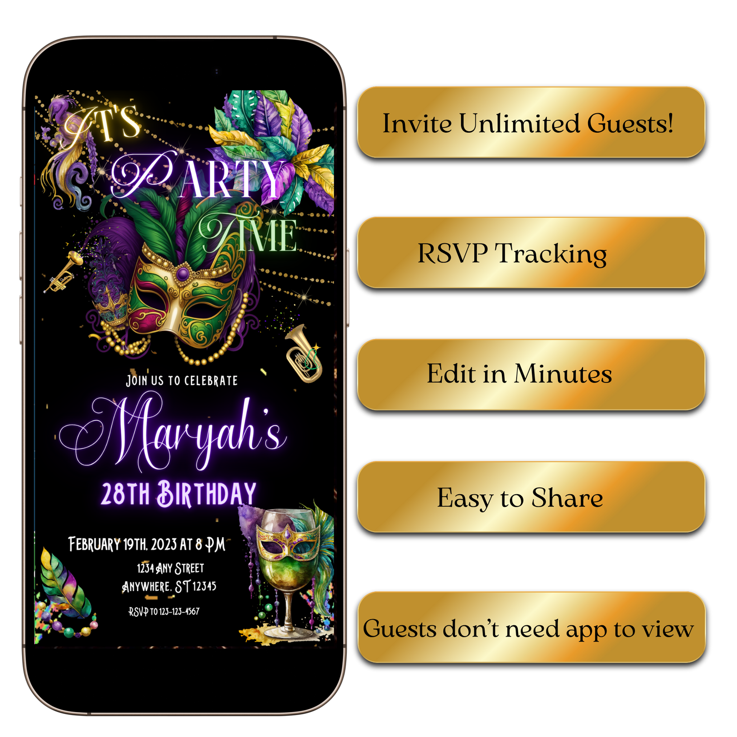 Digital Mardi Gras Mask Video Invitation MP4 Invite