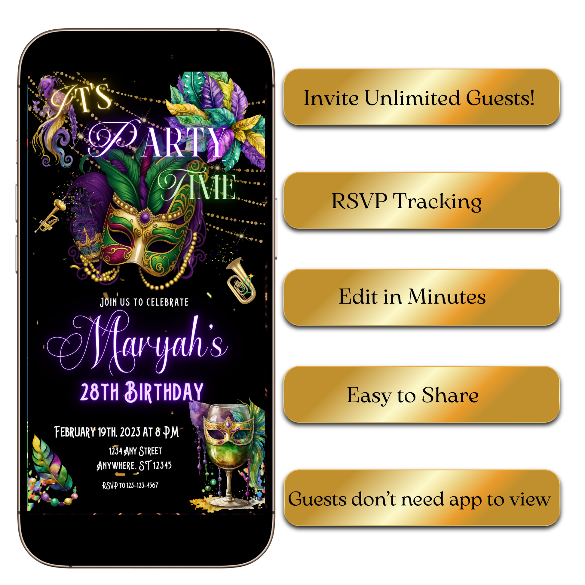Digital Mardi Gras Mask Video Invitation MP4 Invite