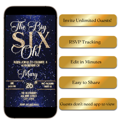 Digital The Big Six-Oh Birthday Video Invitation – Blue and Gold Sequin Theme MP4 Invite
