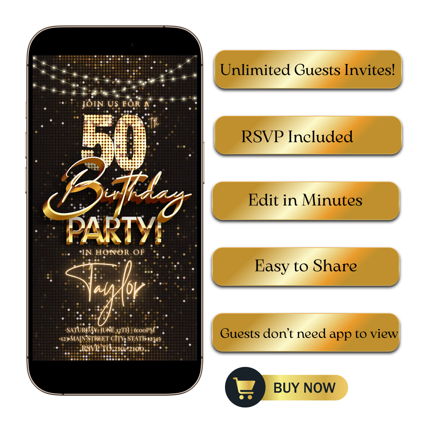 Editable black gold sequin 50th birthday video invitation displayed on a mobile phone, featuring an animated vertical digital invite with music, created in Canva. This premium video invitation template is designed for sharing by text, email, and social media and works with an interactive RSVP website for easy guest response tracking.