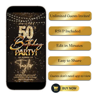 Editable black gold sequin 50th birthday video invitation displayed on a mobile phone, featuring an animated vertical digital invite with music, created in Canva. This premium video invitation template is designed for sharing by text, email, and social media and works with an interactive RSVP website for easy guest response tracking.