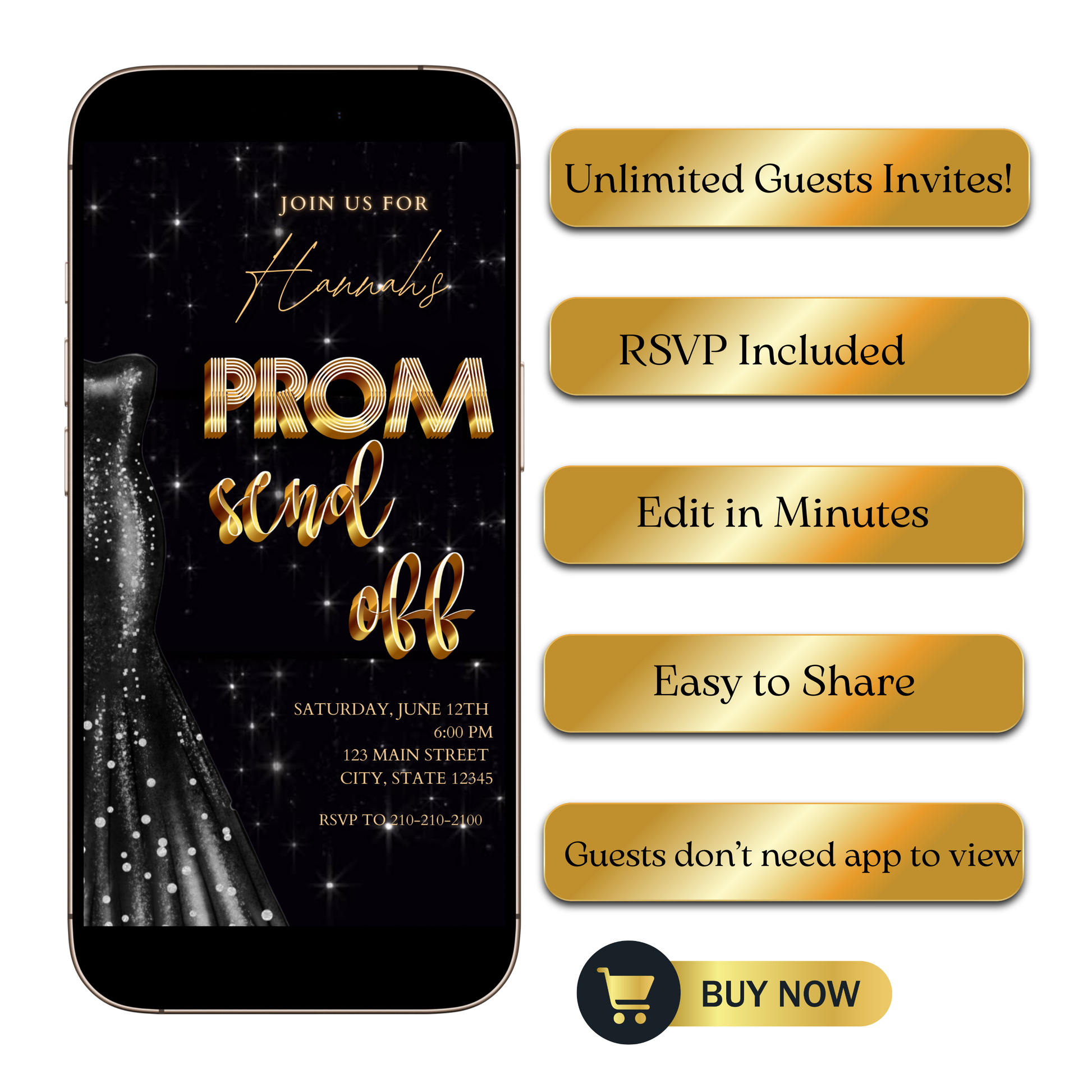Editable black gold prom send off video invitation displayed on a mobile phone, featuring an animated vertical digital invite with music, created in Canva. This premium video invitation template is designed for sharing by text, email, and social media and works with an interactive RSVP website for easy guest response tracking.