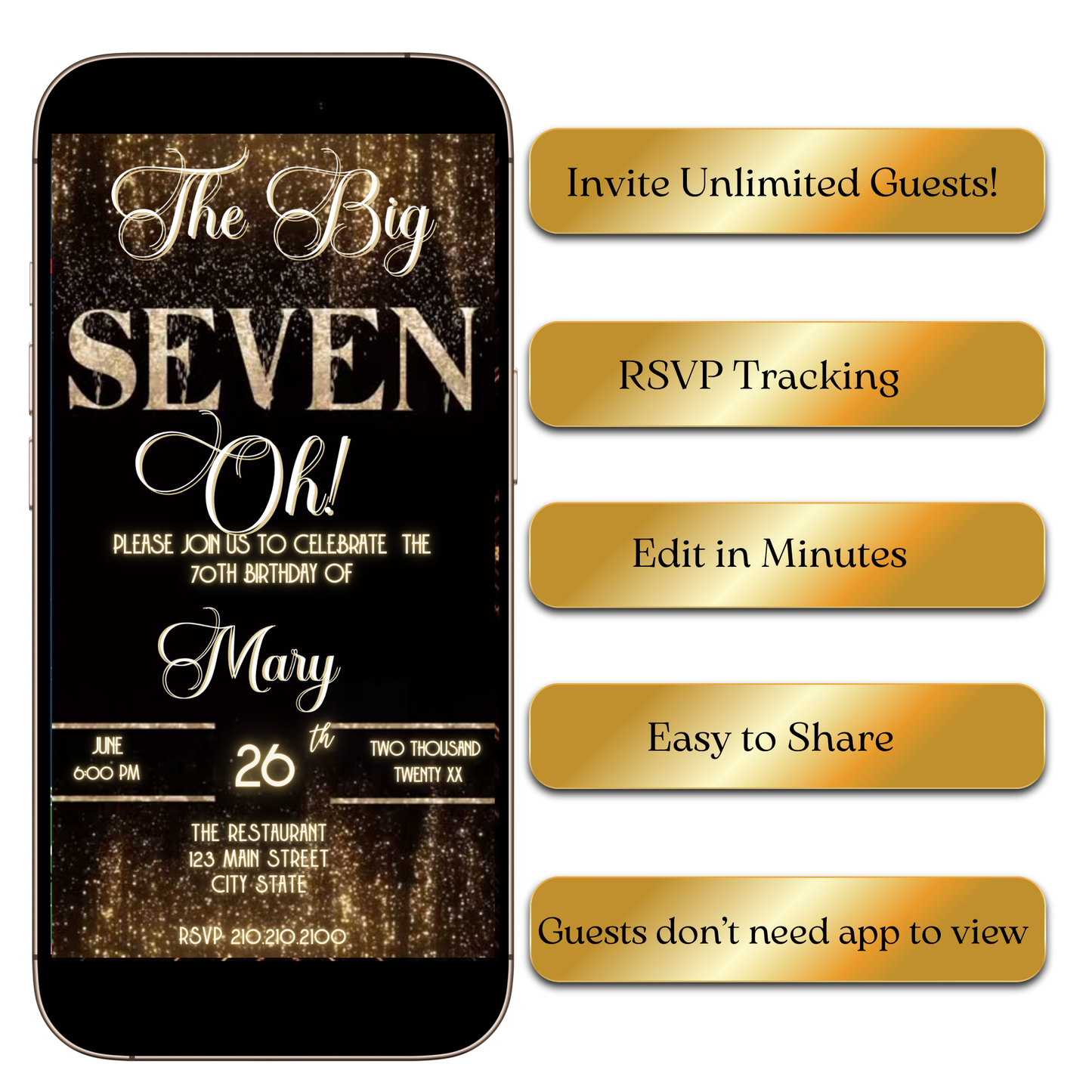 Digital Gold Curtain The Big Seven-Oh 70th Birthday Video Invitation — Elegant Theme MP4 Invite