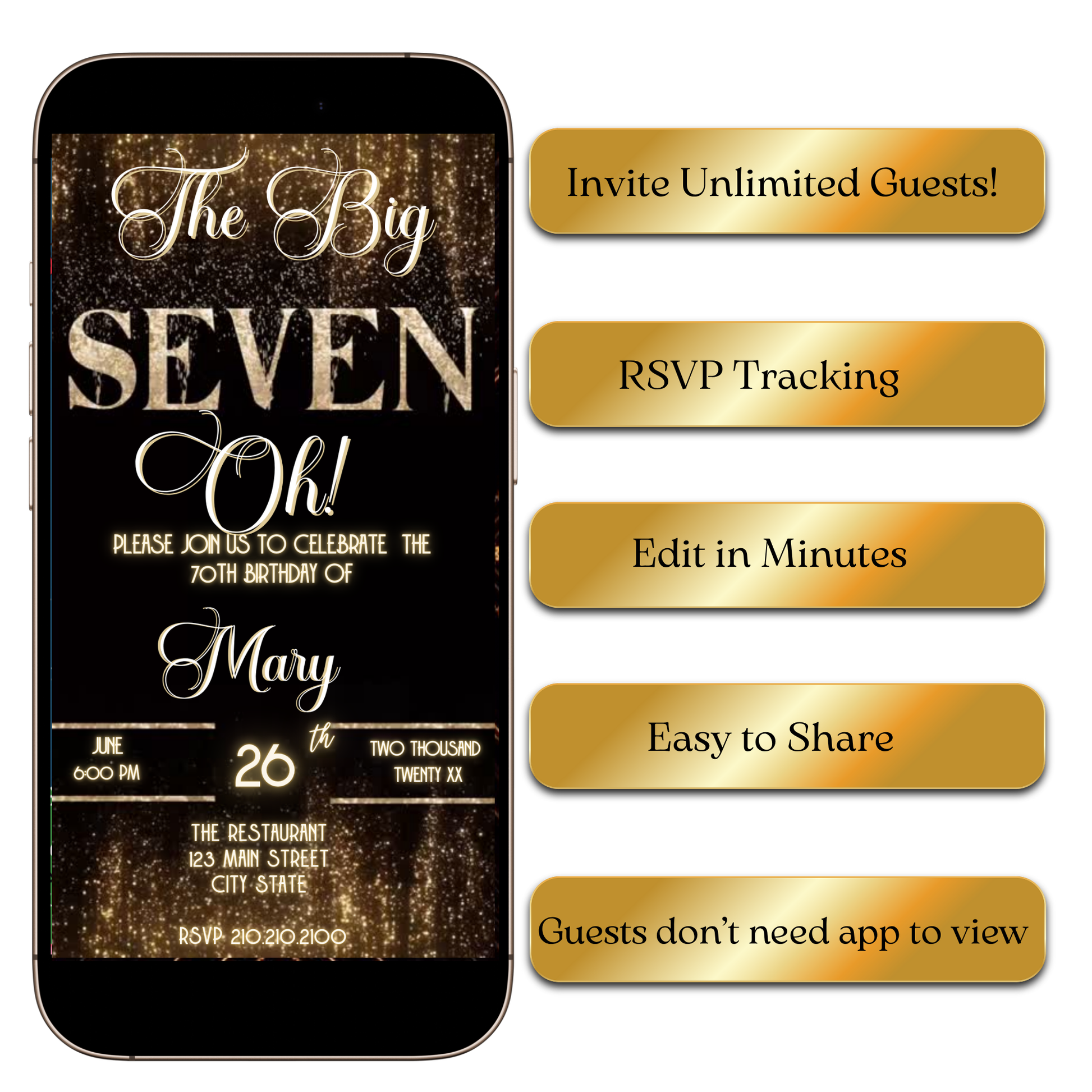 Digital Gold Curtain The Big Seven-Oh 70th Birthday Video Invitation — Elegant Theme MP4 Invite