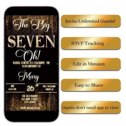 Digital Gold Curtain The Big Seven-Oh 70th Birthday Video Invitation — Elegant Theme MP4 Invite