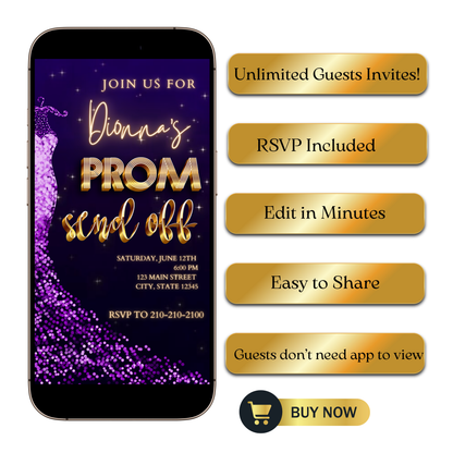 Editable purple gold glam prom send off video invitation displayed on a mobile phone, featuring an animated vertical digital invite with music, created in Canva. This premium video invitation template is designed for sharing by text, email, and social media and works with an interactive RSVP website for easy guest response tracking.