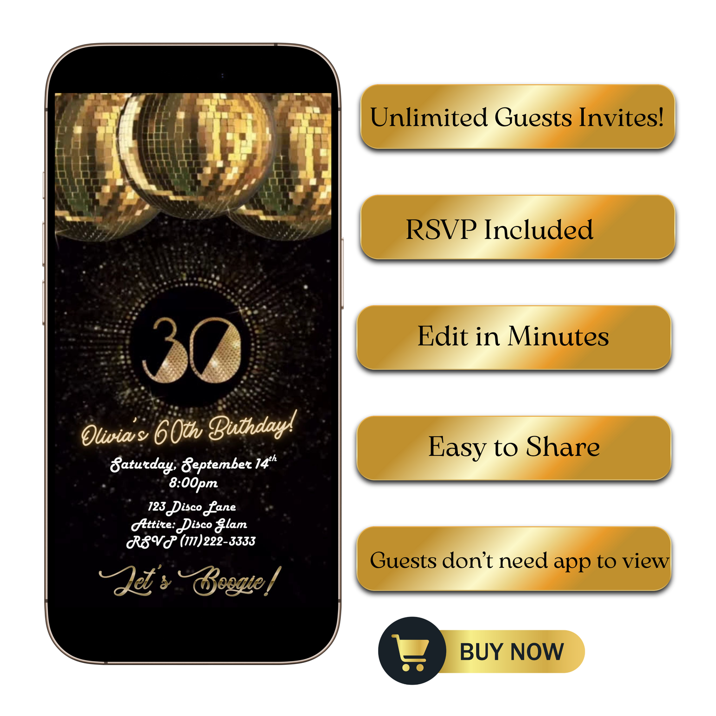 Editable gold disco ball 30th birthday video invitation displayed on a mobile phone, featuring an animated vertical digital invite with music, created in Canva. This premium video invitation template is designed for sharing by text, email, and social media and works with an interactive RSVP website for easy guest response tracking.