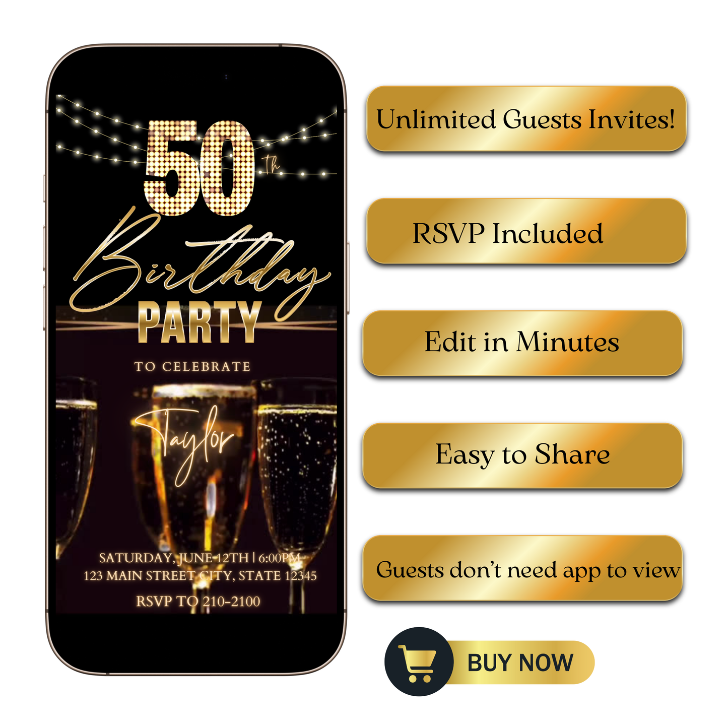 Editable black gold champagne 50th birthday video invitation displayed on a mobile phone, featuring an animated vertical digital invite with music, created in Canva. This premium video invitation template is designed for sharing by text, email, and social media and works with an interactive RSVP website for easy guest response tracking.