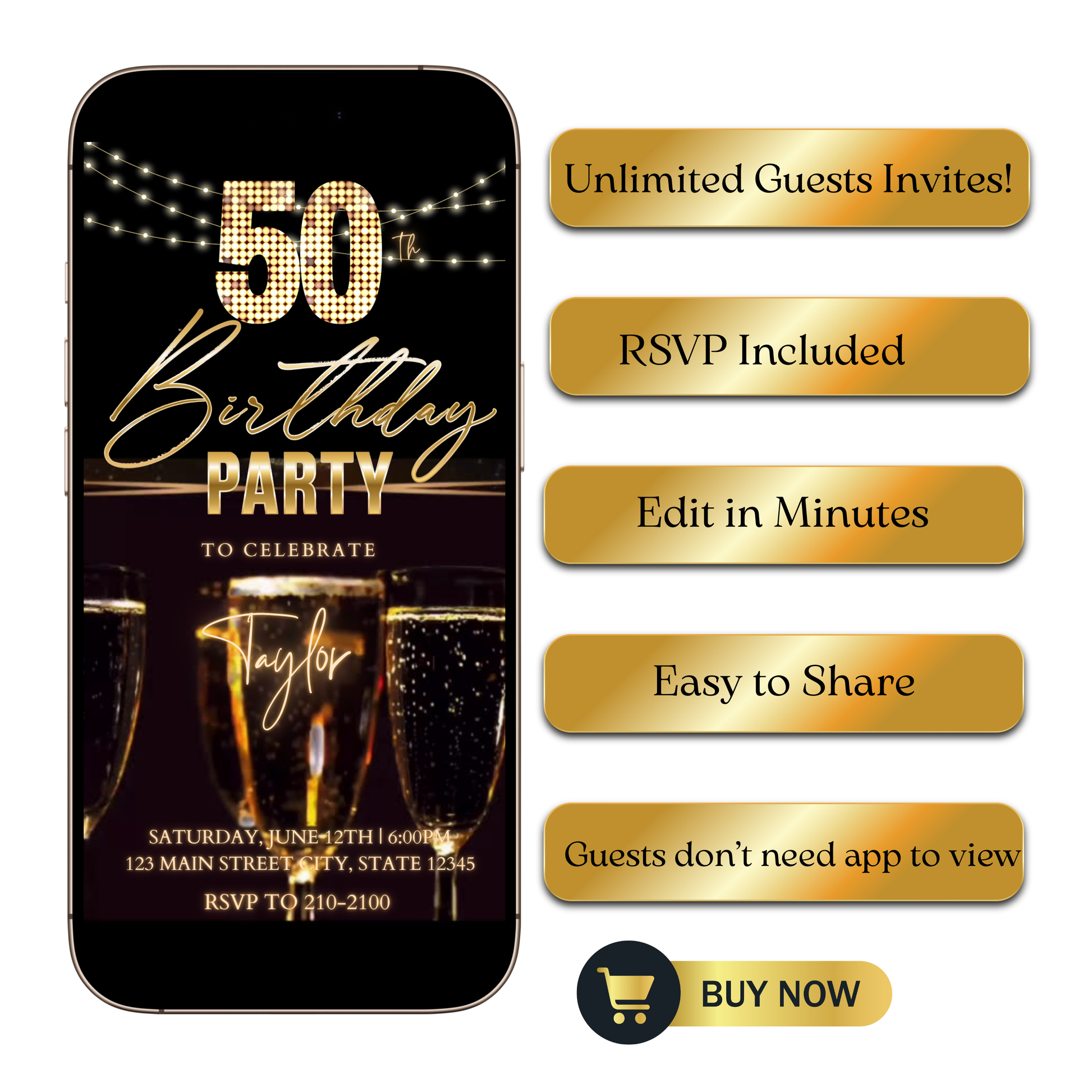 Editable black gold champagne 50th birthday video invitation displayed on a mobile phone, featuring an animated vertical digital invite with music, created in Canva. This premium video invitation template is designed for sharing by text, email, and social media and works with an interactive RSVP website for easy guest response tracking.