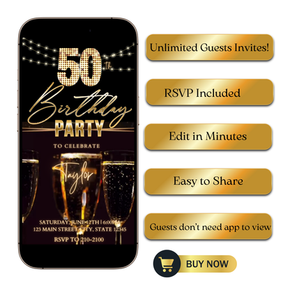 Editable black gold champagne 50th birthday video invitation displayed on a mobile phone, featuring an animated vertical digital invite with music, created in Canva. This premium video invitation template is designed for sharing by text, email, and social media and works with an interactive RSVP website for easy guest response tracking.
