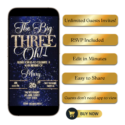 Editable royal blue gold 30th birthday video invitation displayed on a mobile phone, featuring an animated vertical digital invite with music, created in Canva. This premium video invitation template is designed for sharing by text, email, and social media and works with an interactive RSVP website for easy guest response tracking.