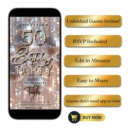Editable silver disco ball 50th birthday video invitation displayed on a mobile phone, featuring an animated vertical digital invite with music, created in Canva. This premium video invitation template is designed for sharing by text, email, and social media and works with an interactive RSVP website for easy guest response tracking.