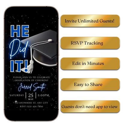 Digital He Did It Graduation Ceremony Video Invitation – Blue & Silver Theme MP4 Invite