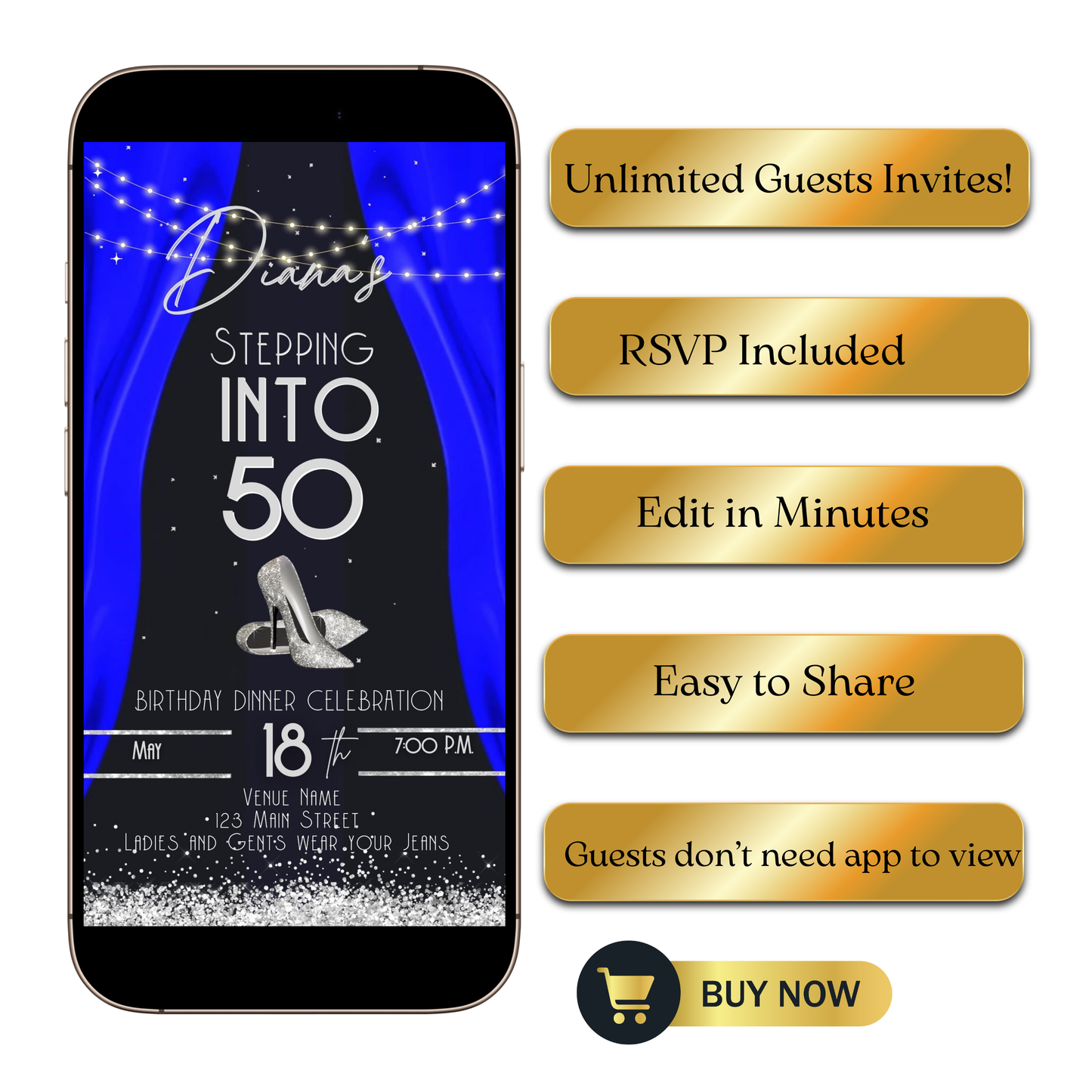 Editable royal blue elegant 50th birthday video invitation video invitation displayed on a mobile phone, featuring an animated vertical digital invite with music, created in Canva. This premium video invitation template is designed for sharing by text, email, and social media and works with an interactive RSVP website for easy guest response tracking.