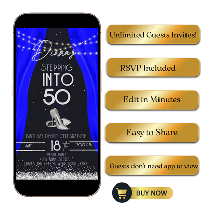 Editable royal blue elegant 50th birthday video invitation video invitation displayed on a mobile phone, featuring an animated vertical digital invite with music, created in Canva. This premium video invitation template is designed for sharing by text, email, and social media and works with an interactive RSVP website for easy guest response tracking.