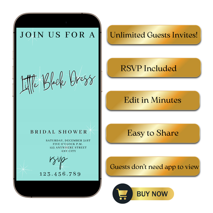 Editable tiffany blue little black dress bridal shower video invitation displayed on a mobile phone, featuring an animated vertical digital invite with music, created in Canva. This premium video invitation template is designed for sharing by text, email, and social media and works with an interactive RSVP website for easy guest response tracking.