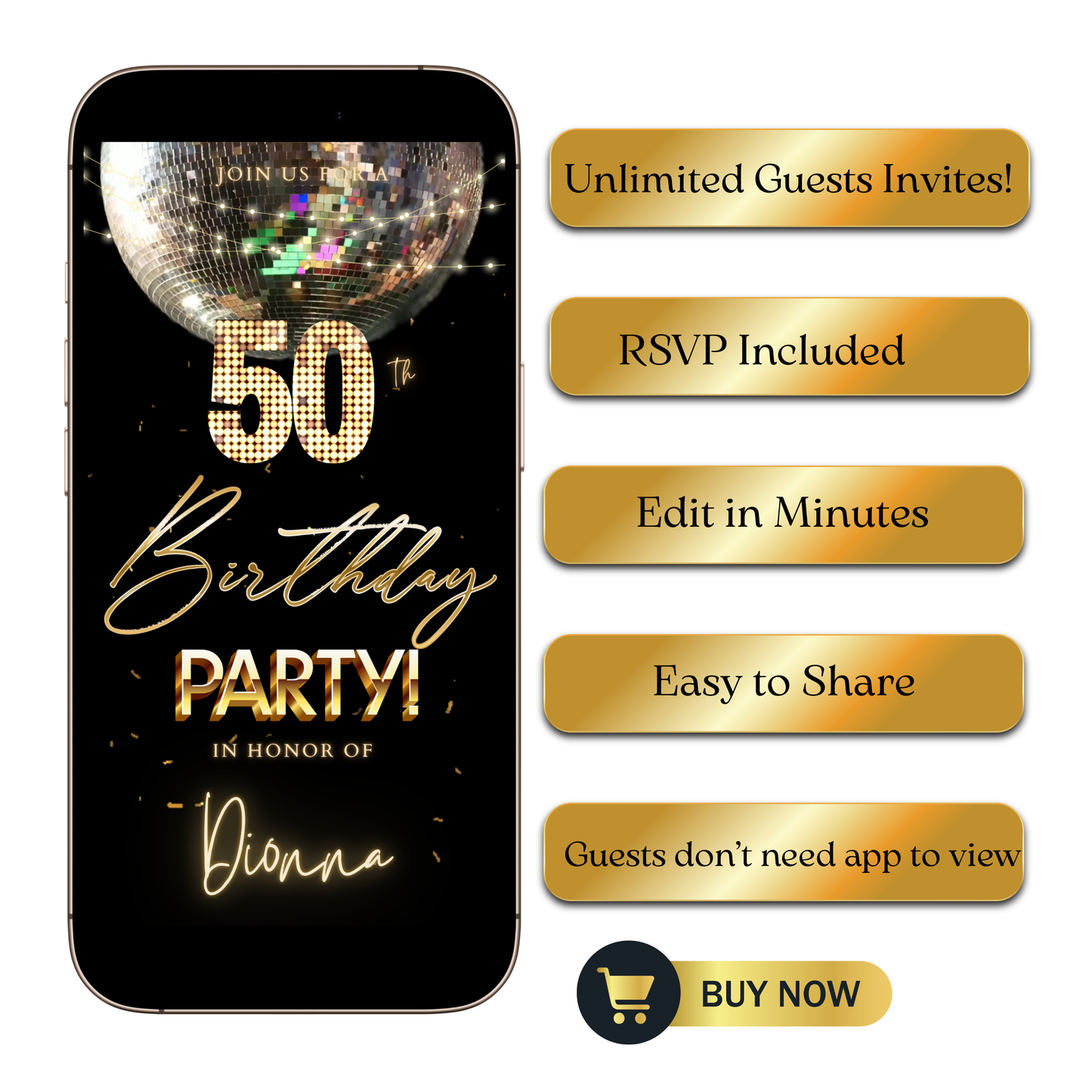 Editable silver disco ball 50th birthday video invitation displayed on a mobile phone, featuring an animated vertical digital invite with music, created in Canva. This premium video invitation template is designed for sharing by text, email, and social media and works with an interactive RSVP website for easy guest response tracking.