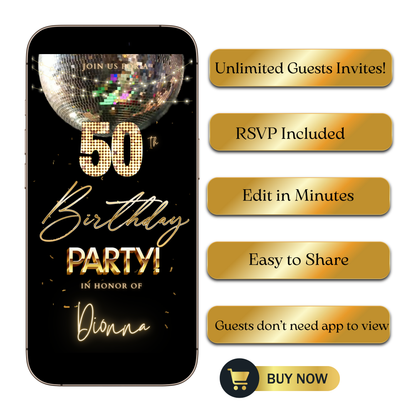 Editable silver disco ball 50th birthday video invitation displayed on a mobile phone, featuring an animated vertical digital invite with music, created in Canva. This premium video invitation template is designed for sharing by text, email, and social media and works with an interactive RSVP website for easy guest response tracking.