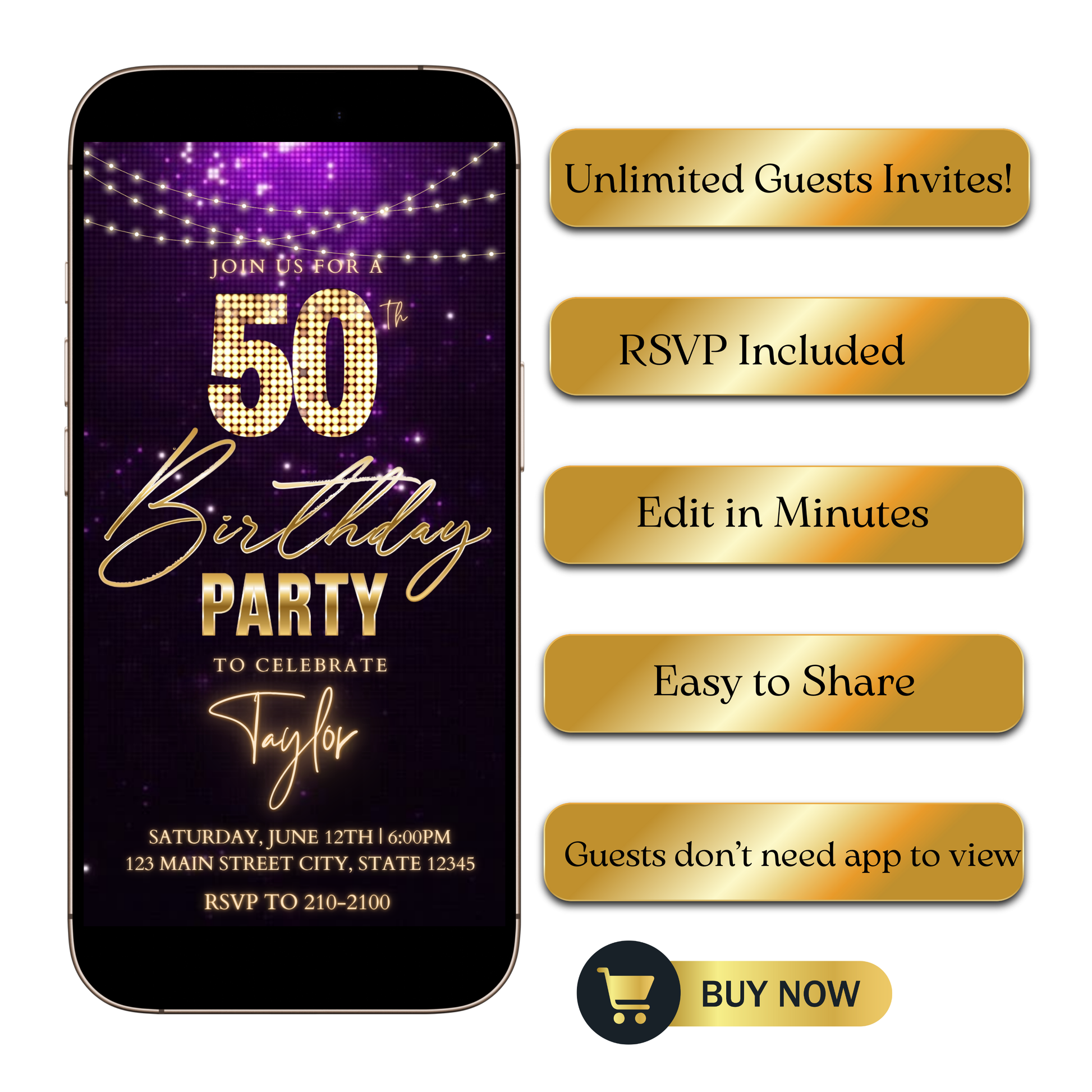 Editable classic gold bokeh 50th birthday video invitation displayed on a mobile phone, featuring an animated vertical digital invite with music, created in Canva. This premium video invitation template is designed for sharing by text, email, and social media and works with an interactive RSVP website for easy guest response tracking.