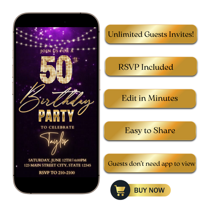 Editable classic gold bokeh 50th birthday video invitation displayed on a mobile phone, featuring an animated vertical digital invite with music, created in Canva. This premium video invitation template is designed for sharing by text, email, and social media and works with an interactive RSVP website for easy guest response tracking.