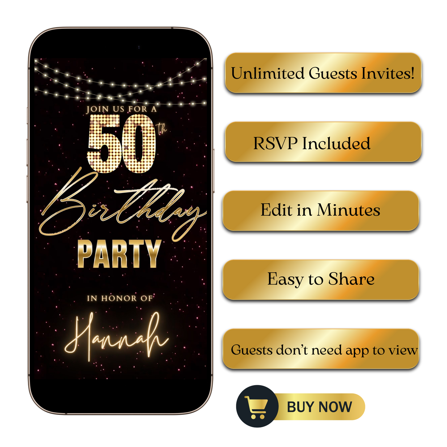 Editable maroon gold glitter 50th birthday video invitation displayed on a mobile phone, featuring an animated vertical digital invite with music, created in Canva. This premium video invitation template is designed for sharing by text, email, and social media and works with an interactive RSVP website for easy guest response tracking.