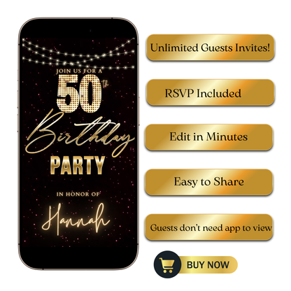 Editable maroon gold glitter 50th birthday video invitation displayed on a mobile phone, featuring an animated vertical digital invite with music, created in Canva. This premium video invitation template is designed for sharing by text, email, and social media and works with an interactive RSVP website for easy guest response tracking.