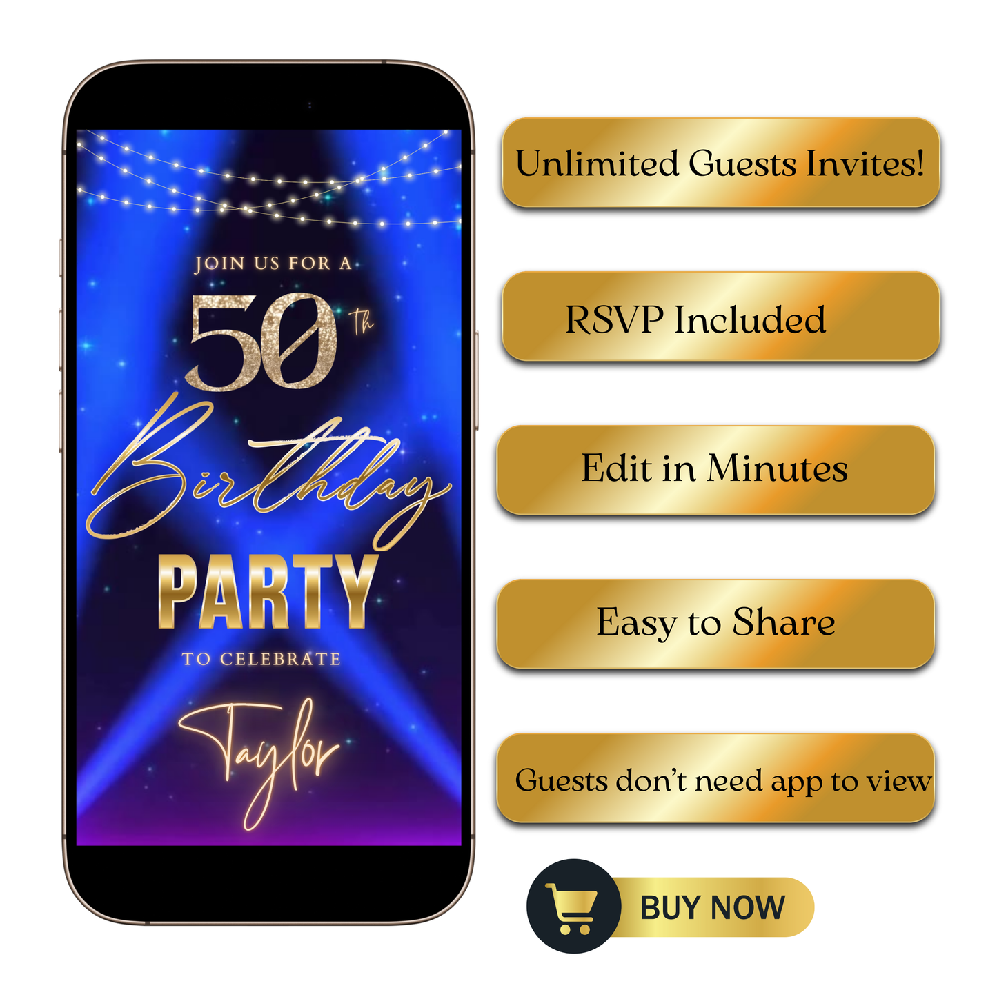 Editable blue spotlight 50th birthday video invitation displayed on a mobile phone, featuring an animated vertical digital invite with music, created in Canva. This premium video invitation template is designed for sharing by text, email, and social media and works with an interactive RSVP website for easy guest response tracking.