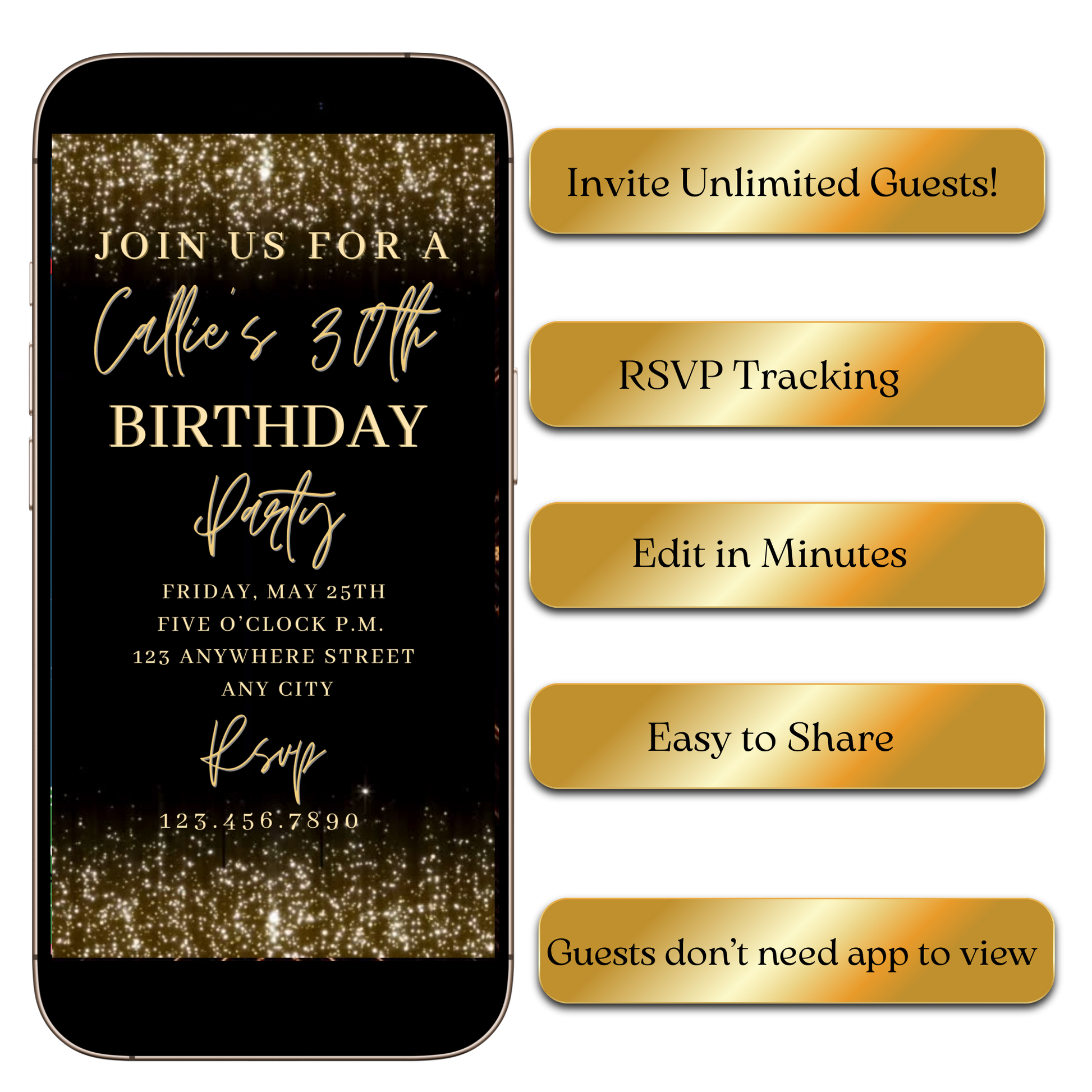 Golden Sparkle digital video invitation shared on WhatsApp