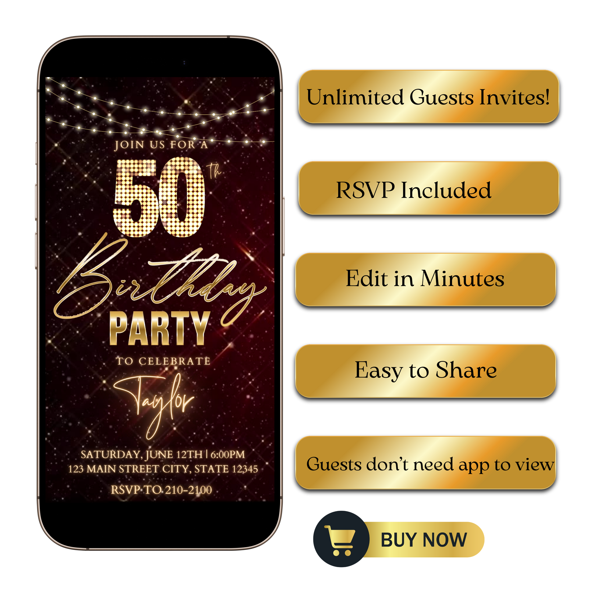 Editable hollywood red carpet 50th birthday video invitation displayed on a mobile phone, featuring an animated vertical digital invite with music, created in Canva. This premium video invitation template is designed for sharing by text, email, and social media and works with an interactive RSVP website for easy guest response tracking.