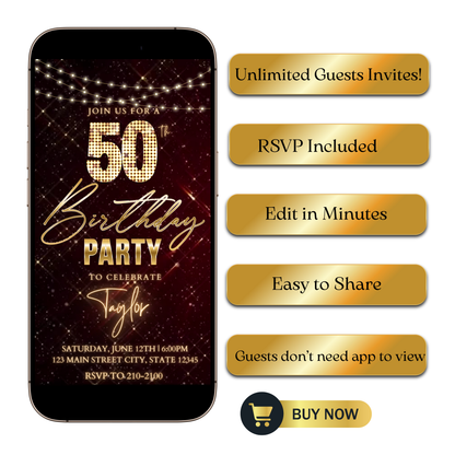 Editable hollywood red carpet 50th birthday video invitation displayed on a mobile phone, featuring an animated vertical digital invite with music, created in Canva. This premium video invitation template is designed for sharing by text, email, and social media and works with an interactive RSVP website for easy guest response tracking.