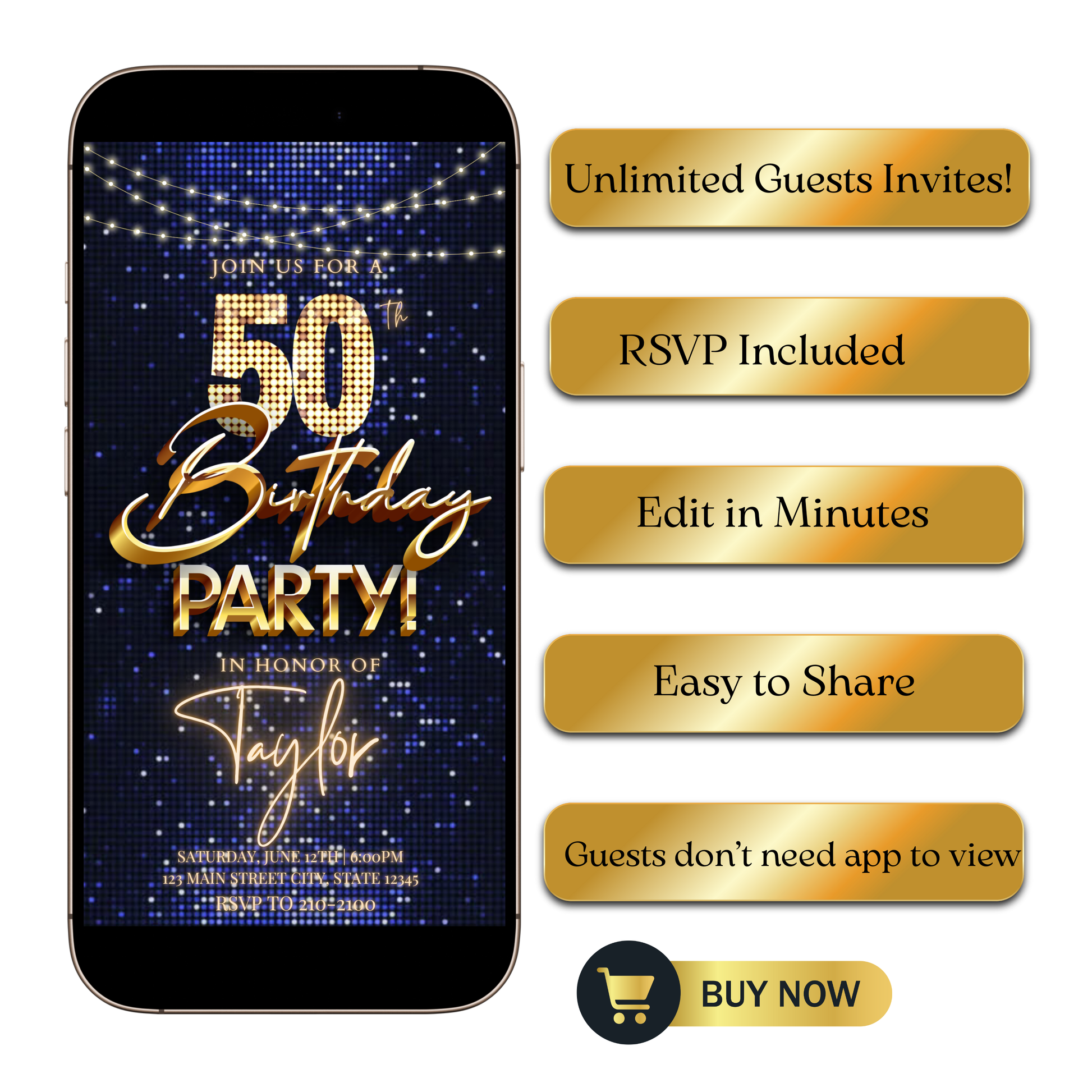 Editable blue gold sequin 50th birthday video invitation displayed on a mobile phone, featuring an animated vertical digital invite with music, created in Canva. This premium video invitation template is designed for sharing by text, email, and social media and works with an interactive RSVP website for easy guest response tracking.