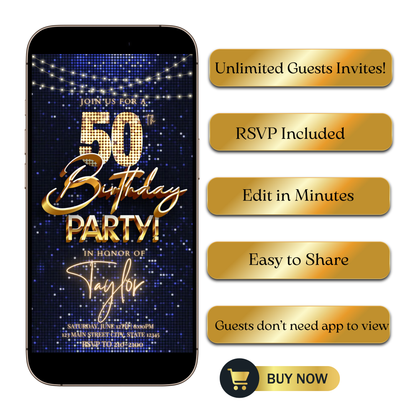Editable blue gold sequin 50th birthday video invitation displayed on a mobile phone, featuring an animated vertical digital invite with music, created in Canva. This premium video invitation template is designed for sharing by text, email, and social media and works with an interactive RSVP website for easy guest response tracking.