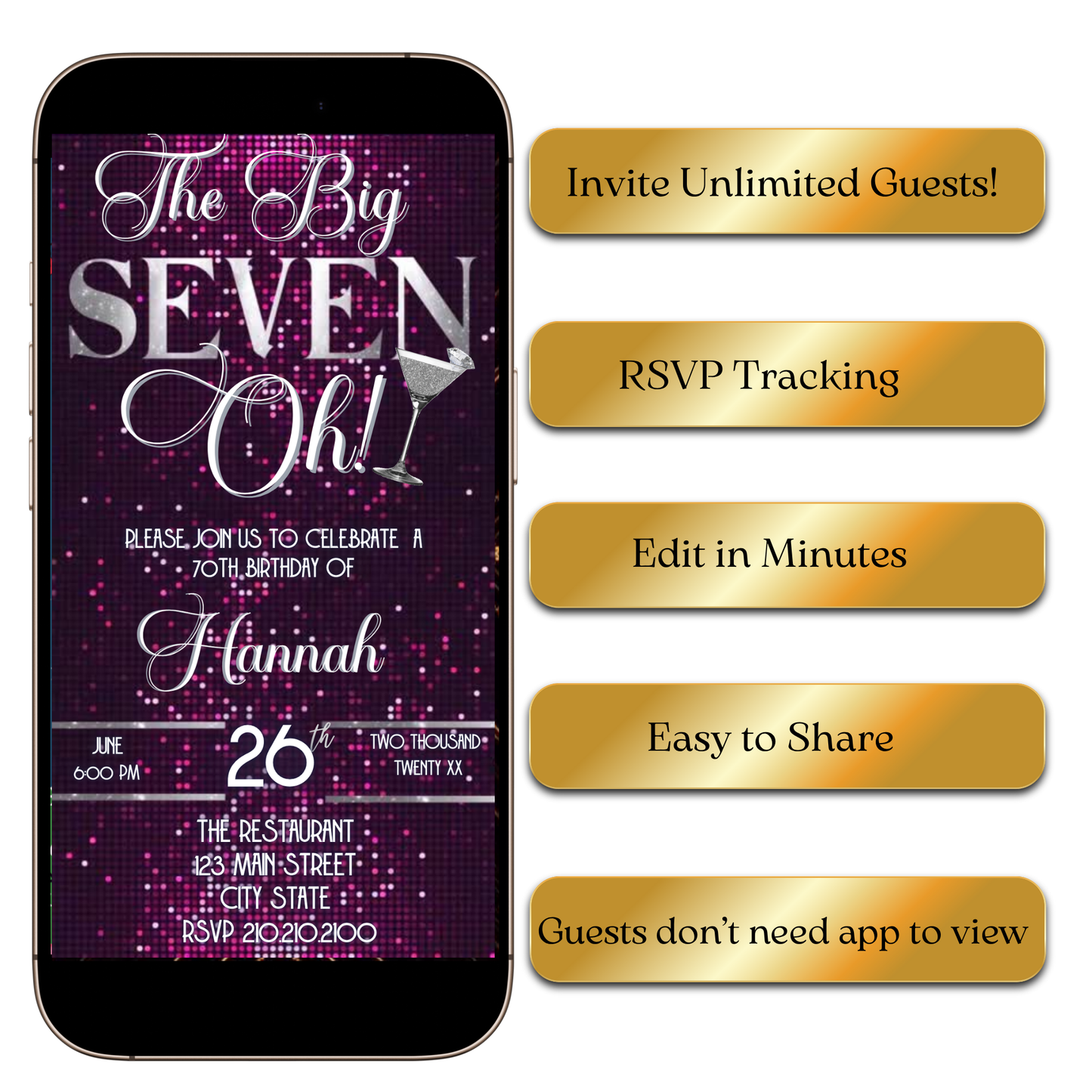 Digital Glamorous 70th Birthday Video Invitation – Pink Sparkle & Silver Theme MP4 Invite