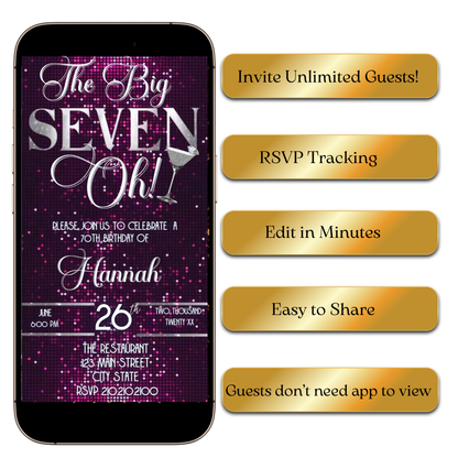 Digital Glamorous 70th Birthday Video Invitation – Pink Sparkle & Silver Theme MP4 Invite