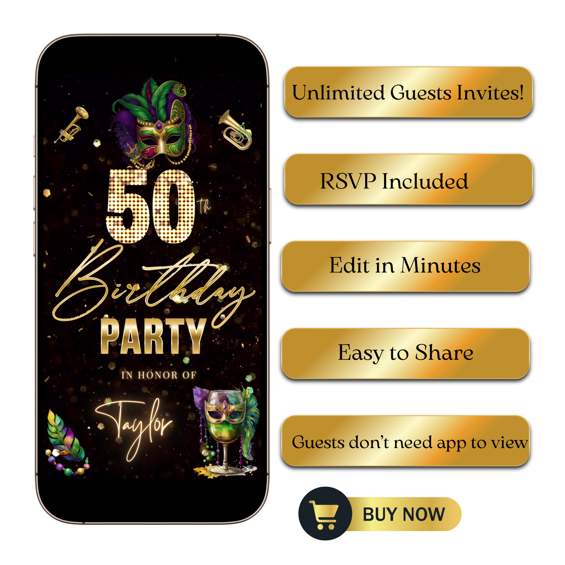Editable mardi gras masquerade 50th birthday video invitation displayed on a mobile phone, featuring an animated vertical digital invite with music, created in Canva. This premium video invitation template is designed for sharing by text, email, and social media and works with an interactive RSVP website for easy guest response tracking.