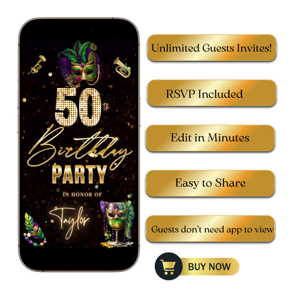 Editable mardi gras masquerade 50th birthday video invitation displayed on a mobile phone, featuring an animated vertical digital invite with music, created in Canva. This premium video invitation template is designed for sharing by text, email, and social media and works with an interactive RSVP website for easy guest response tracking.