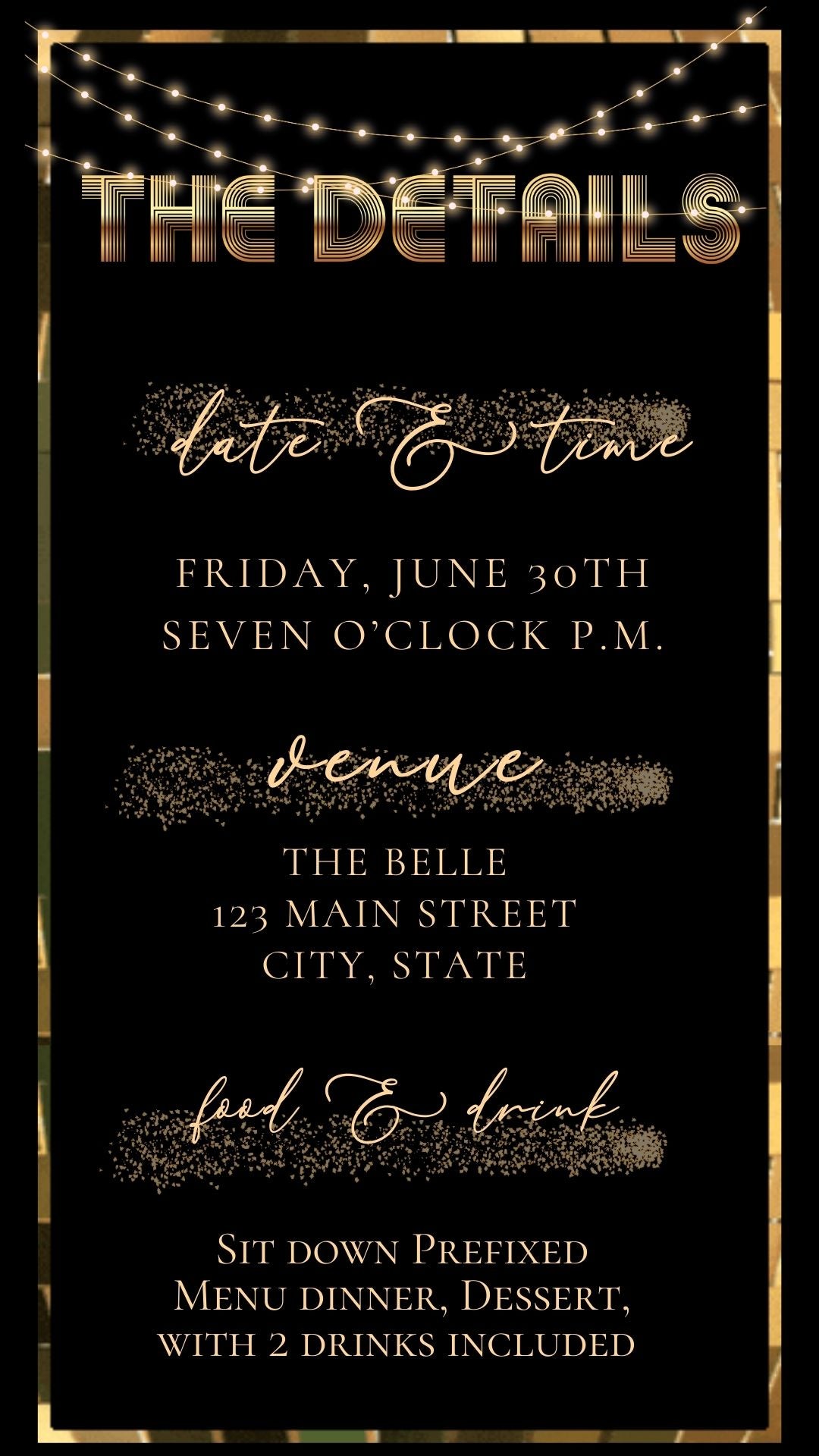 Editable gold disco studio 50th birthday video invitation displayed on a mobile phone, featuring an animated vertical digital invite with music, created in Canva. This premium video invitation template is designed for sharing by text, email, and social media and works with an interactive RSVP website for easy guest response tracking.
