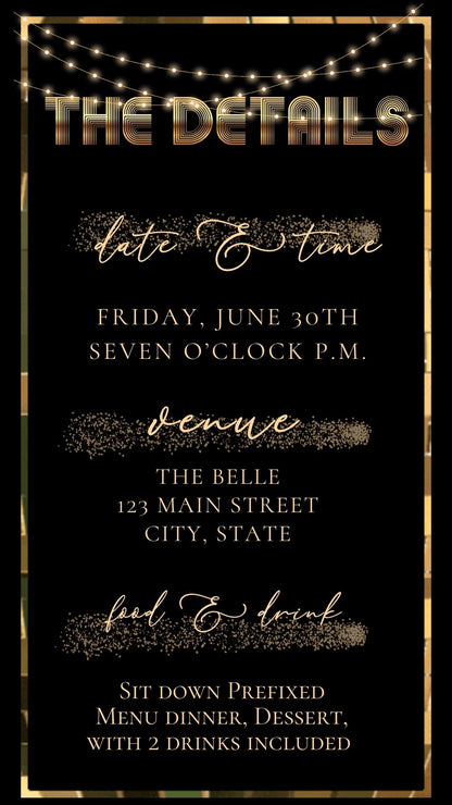 Editable gold disco studio 50th birthday video invitation displayed on a mobile phone, featuring an animated vertical digital invite with music, created in Canva. This premium video invitation template is designed for sharing by text, email, and social media and works with an interactive RSVP website for easy guest response tracking.