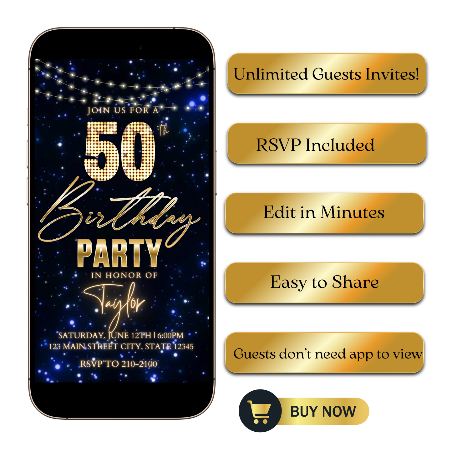 Editable gold black elegant 50th birthday video invitation displayed on a mobile phone, featuring an animated vertical digital invite with music, created in Canva. This premium video invitation template is designed for sharing by text, email, and social media and works with an interactive RSVP website for easy guest response tracking.