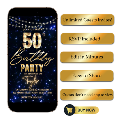 Editable gold black elegant 50th birthday video invitation displayed on a mobile phone, featuring an animated vertical digital invite with music, created in Canva. This premium video invitation template is designed for sharing by text, email, and social media and works with an interactive RSVP website for easy guest response tracking.