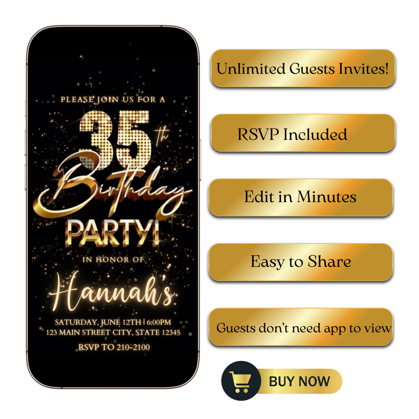 Editable black gold fireworks 35th birthday video invitation displayed on a mobile phone, featuring an animated vertical digital invite with music, created in Canva. This premium video invitation template is designed for sharing by text, email, and social media and works with an interactive RSVP website for easy guest response tracking.