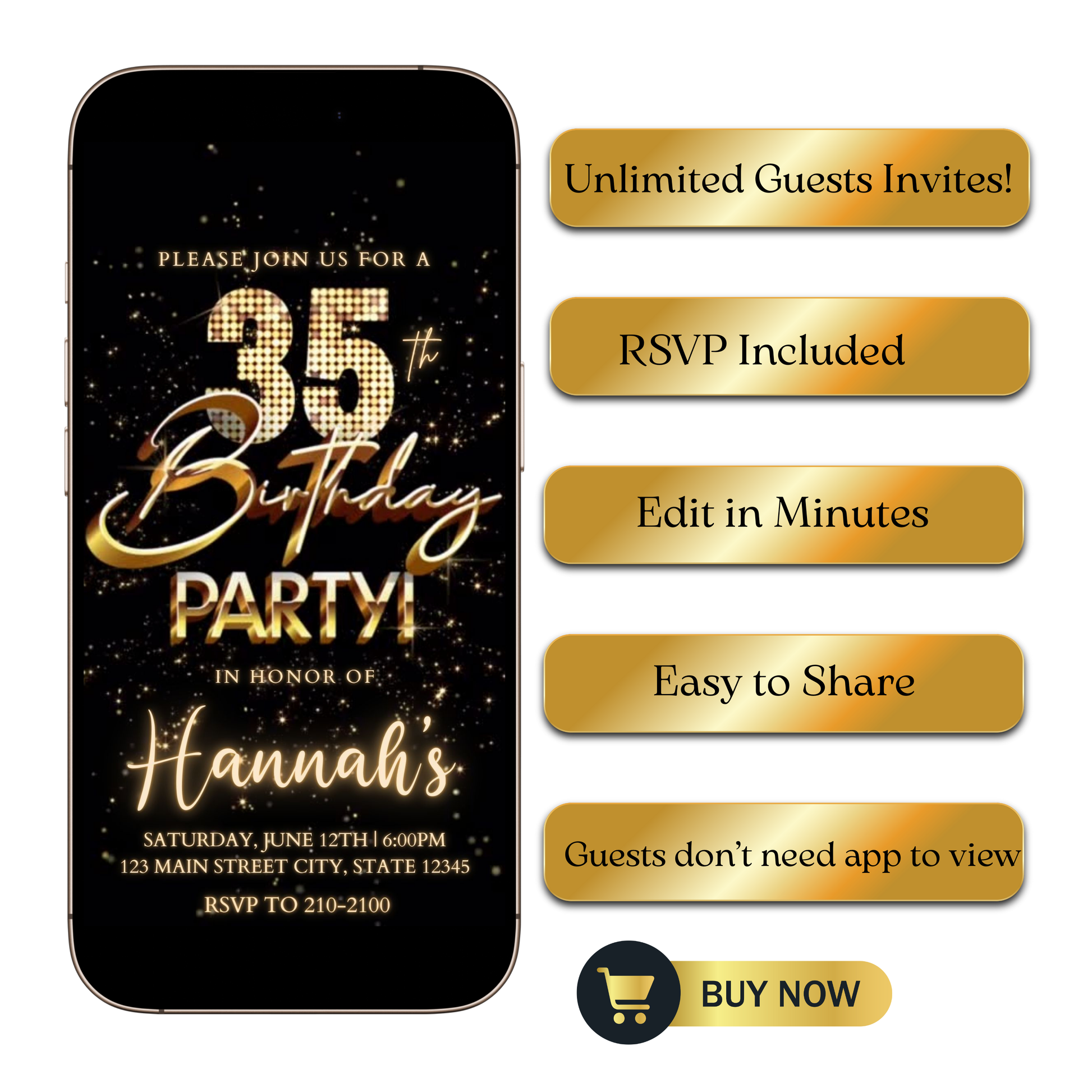 Editable black gold fireworks 35th birthday video invitation displayed on a mobile phone, featuring an animated vertical digital invite with music, created in Canva. This premium video invitation template is designed for sharing by text, email, and social media and works with an interactive RSVP website for easy guest response tracking.